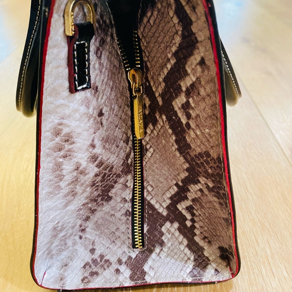 Arcadia Italian Satchel Embossed Patten Leather Black Red Python Accents - Picture 2 of 15